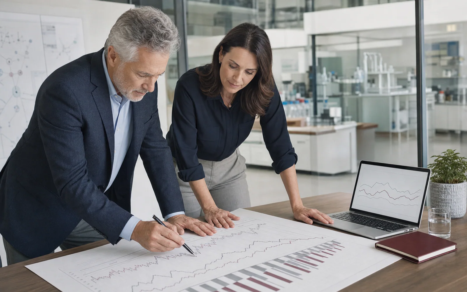 An analyst and business leader interpreting a forecast together in a life-sciences workspace.