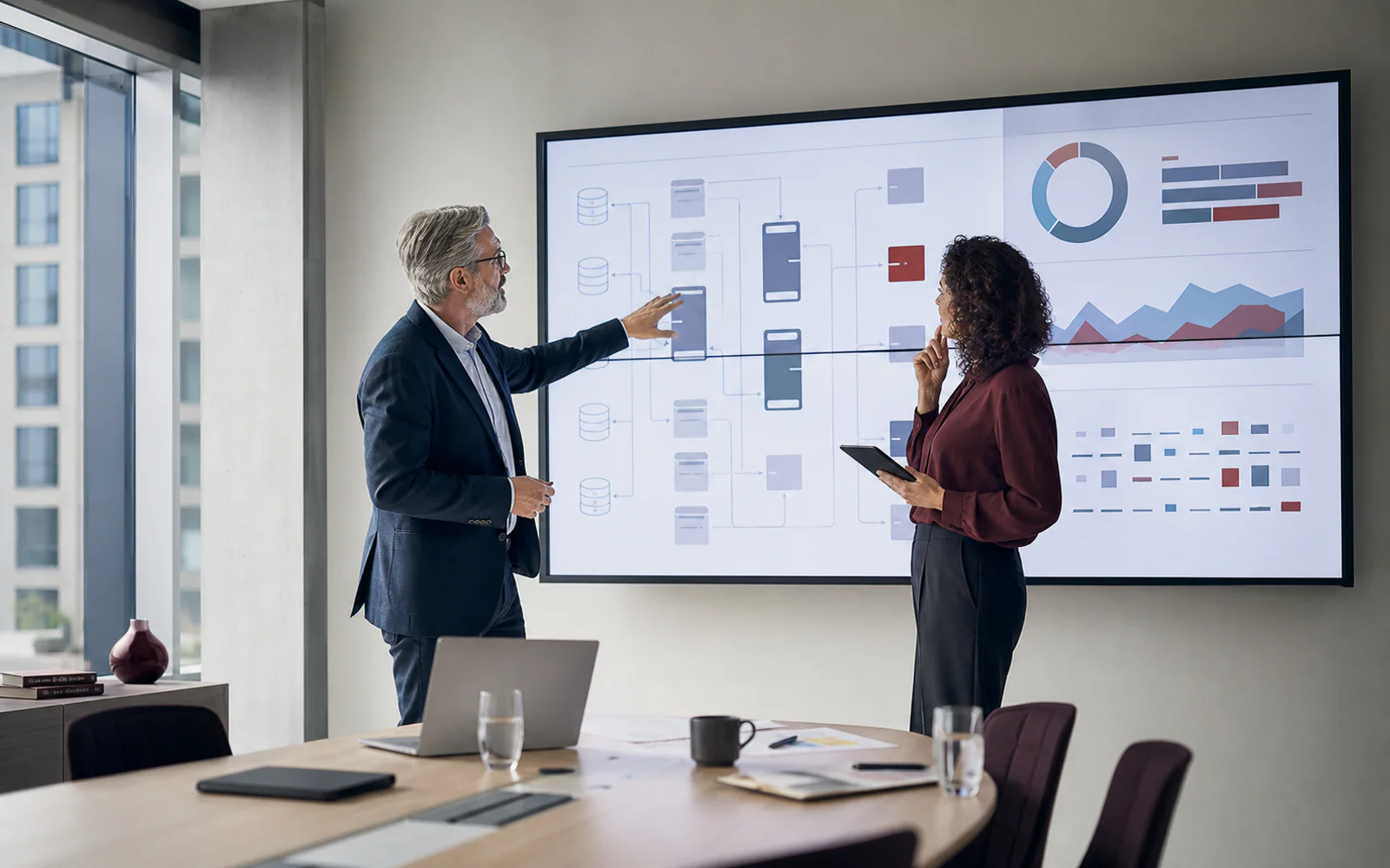 A data architect and operations leader reviewing a modern data architecture and reporting dashboard.