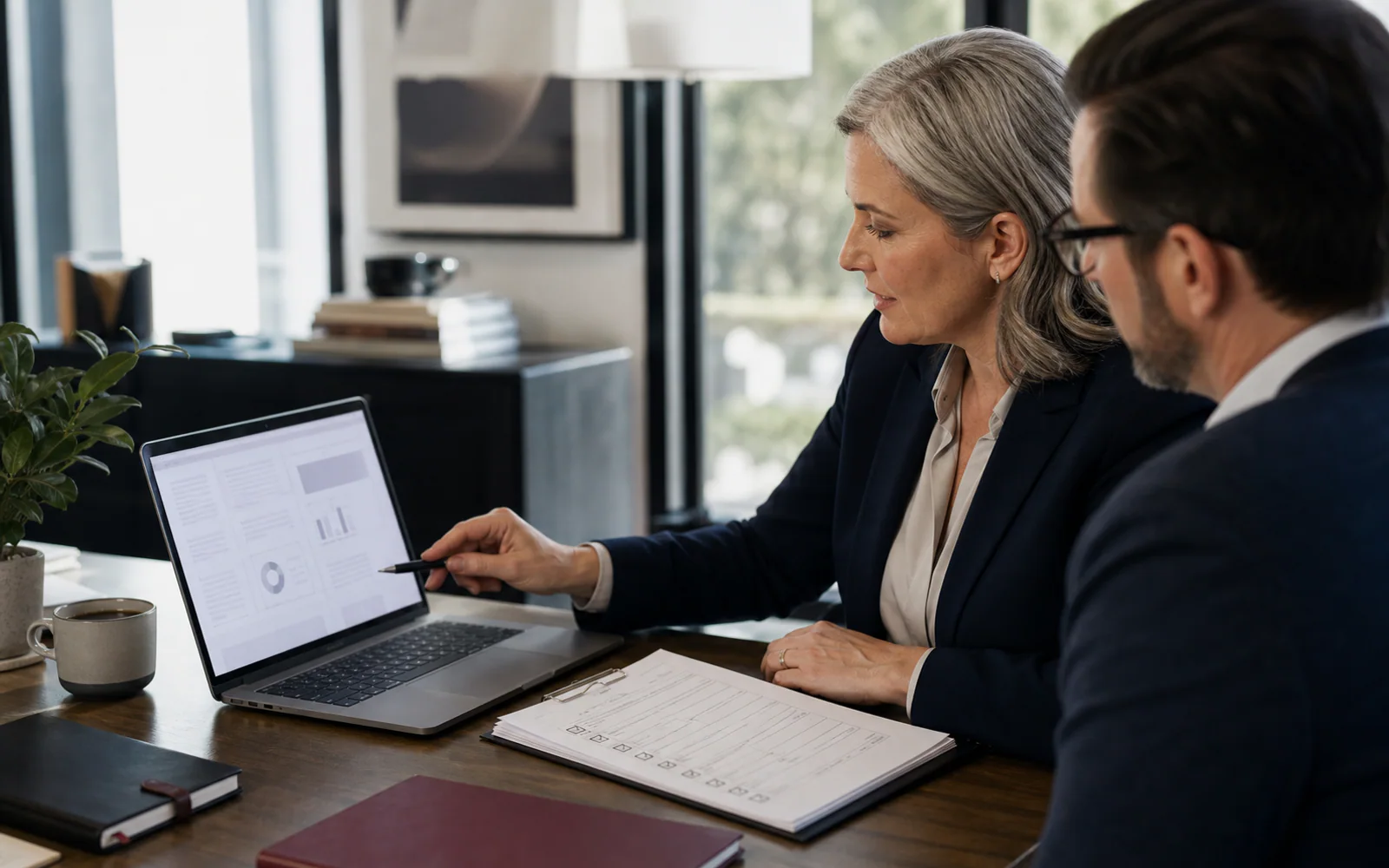 An operations manager and colleague reviewing an AI-assisted document and approval checklist.