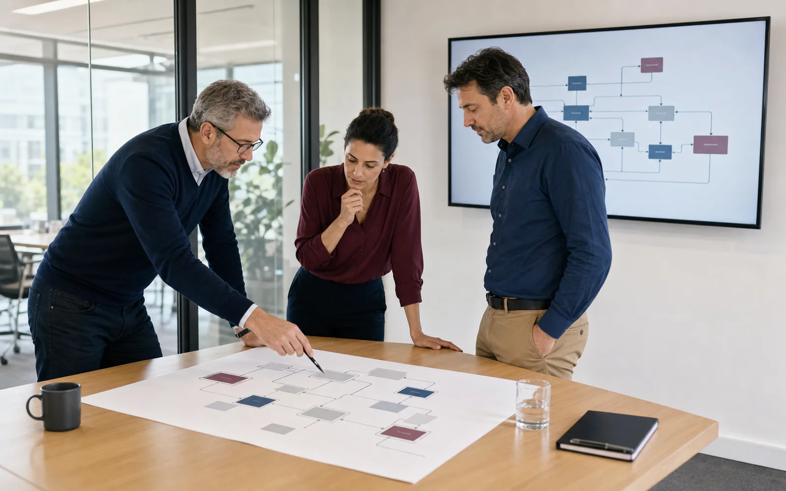 Enterprise system owners reviewing an integration map together in an architecture workshop.