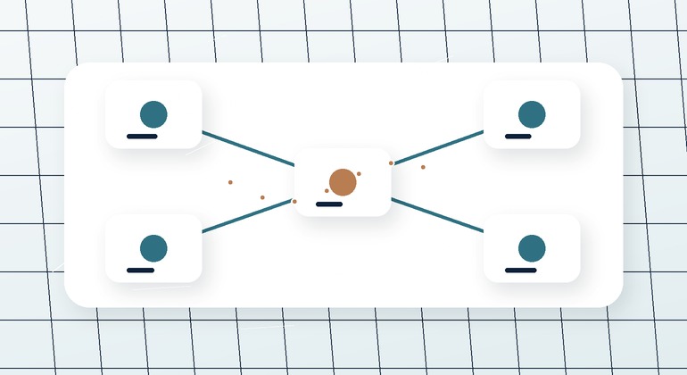 Connected system nodes routing business events through a central integration hub.