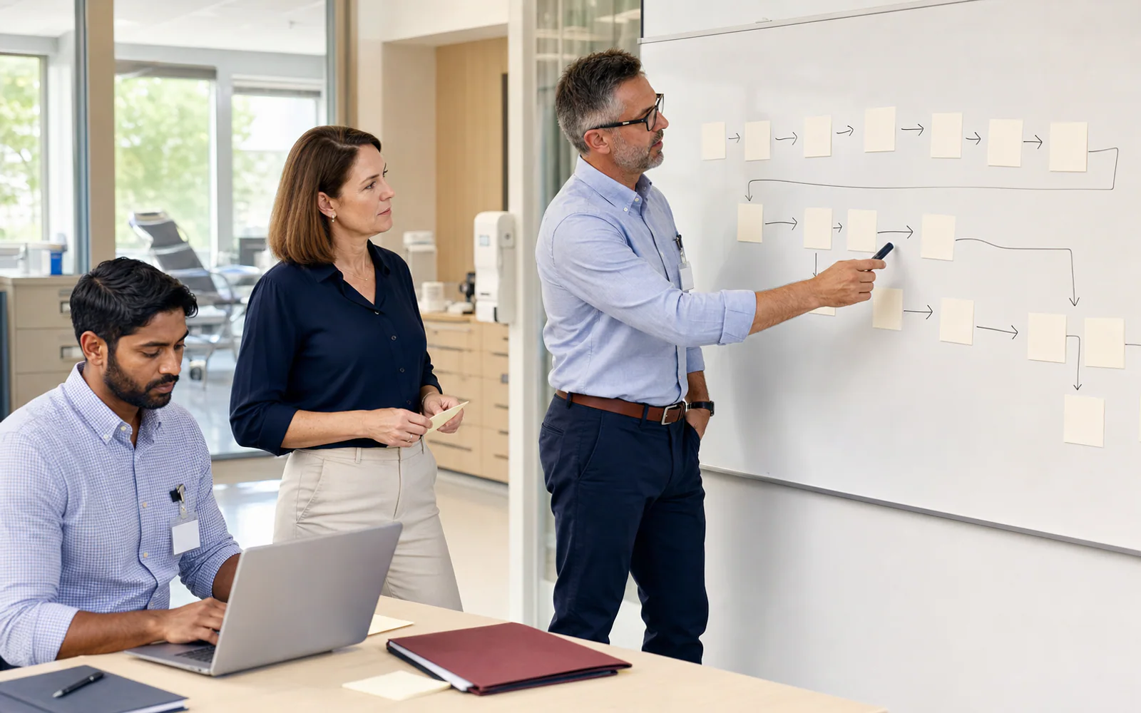 A healthcare operations team mapping an orderly workflow during an automation workshop.