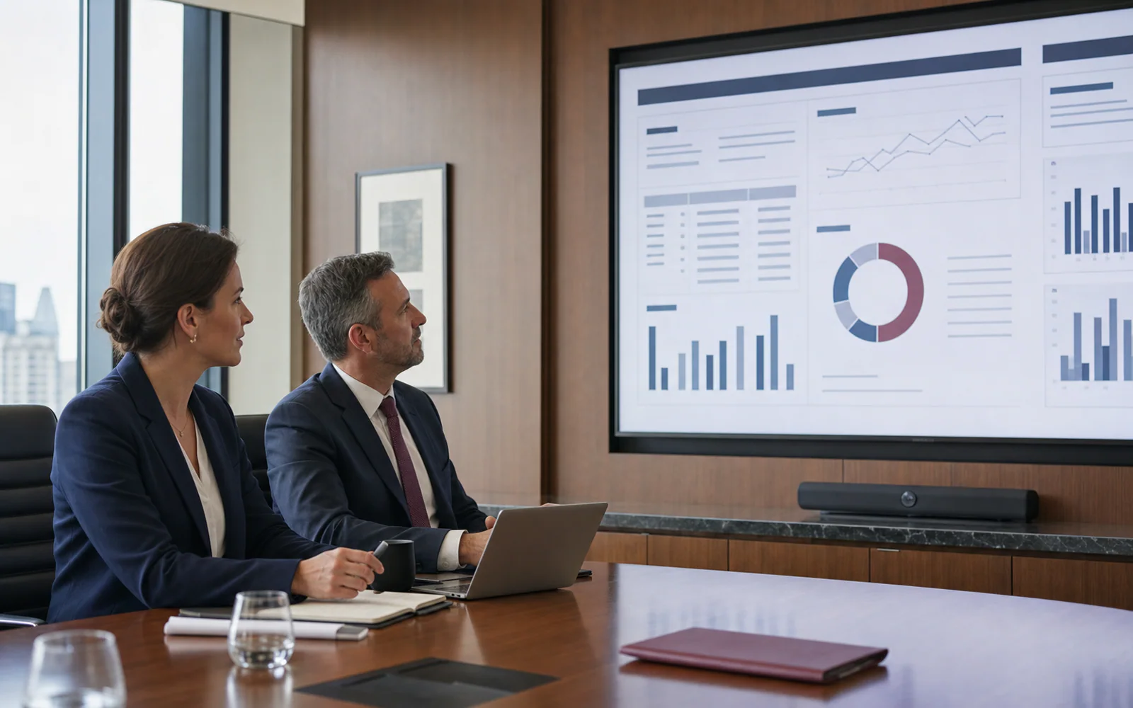 Finance and operations leaders reviewing a clear performance dashboard in a boardroom.
