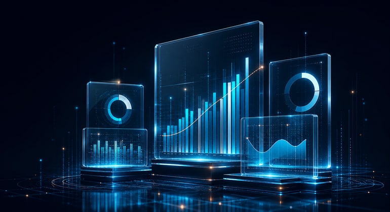 Translucent reporting panels presenting illuminated charts and performance signals.